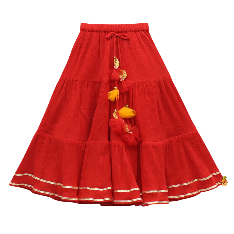 Twirl & Bloom: Tie-Up Strappy Embroidered Top with Tiered Lehenga