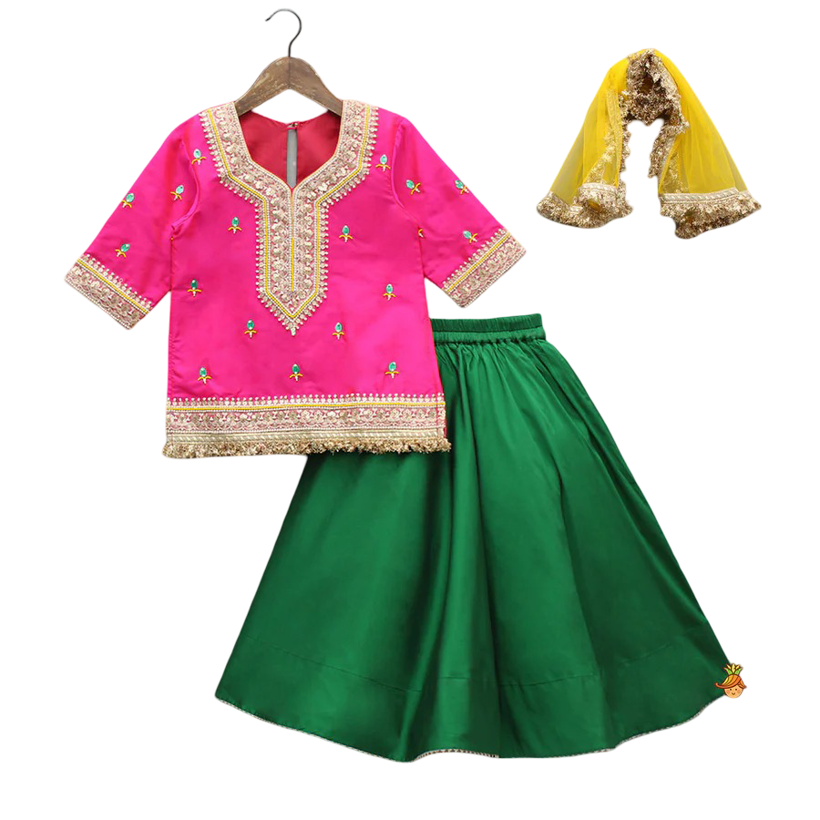 Orange Radiance: Beaded Lace Kurti with Lehenga & Dupatta