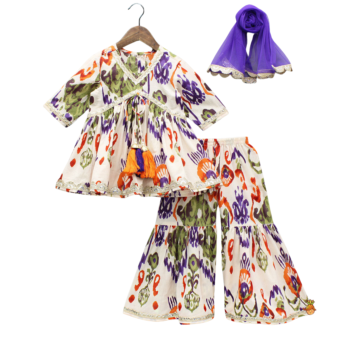 Designer Multicolour Kurti & Sharara with Tassel Accents