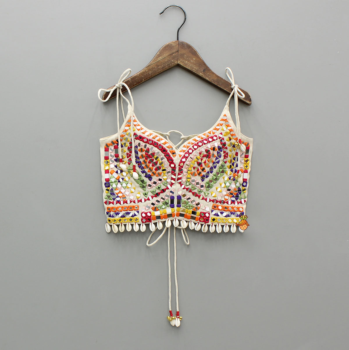 Navratri Special – Mirror-Embroidered Tie-Up Top with Multicolour Bandhani Lehenga & Matching Bandana