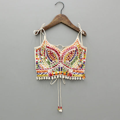 Navratri Special – Mirror-Embroidered Tie-Up Top with Multicolour Bandhani Lehenga & Matching Bandana