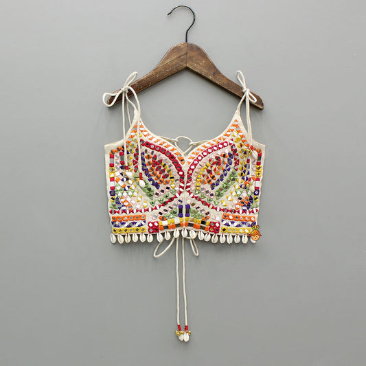 Navratri Special – Mirror-Embroidered Tie-Up Top with Multicolour Bandhani Lehenga & Matching Bandana