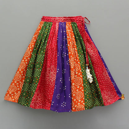 Navratri Special – Mirror-Embroidered Tie-Up Top with Multicolour Bandhani Lehenga & Matching Bandana