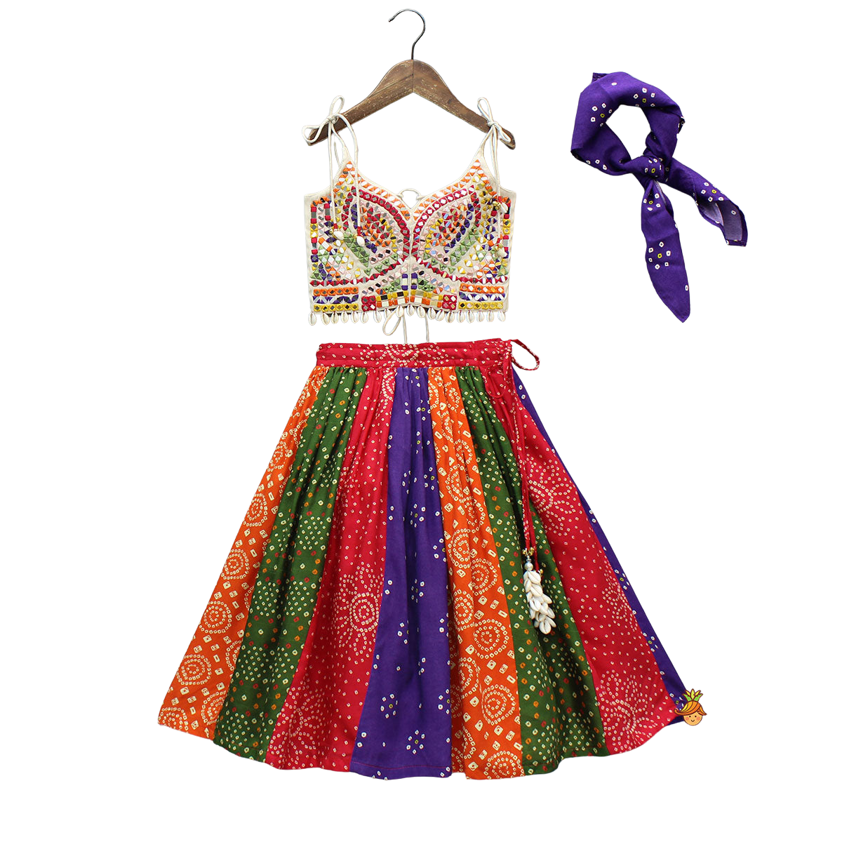 Navratri Special – Mirror-Embroidered Tie-Up Top with Multicolour Bandhani Lehenga & Matching Bandana