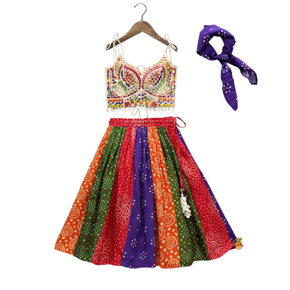 Navratri Special – Mirror-Embroidered Tie-Up Top with Multicolour Bandhani Lehenga & Matching Bandana