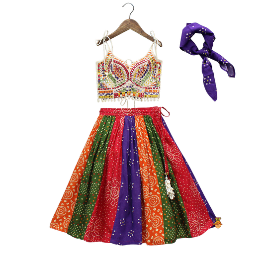 Navratri Special – Mirror-Embroidered Tie-Up Top with Multicolour Bandhani Lehenga & Matching Bandana