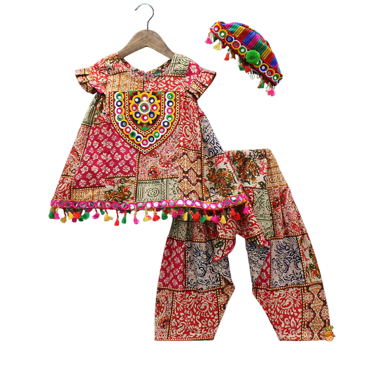 Trendy Patchwork Top with Dhoti & Cap