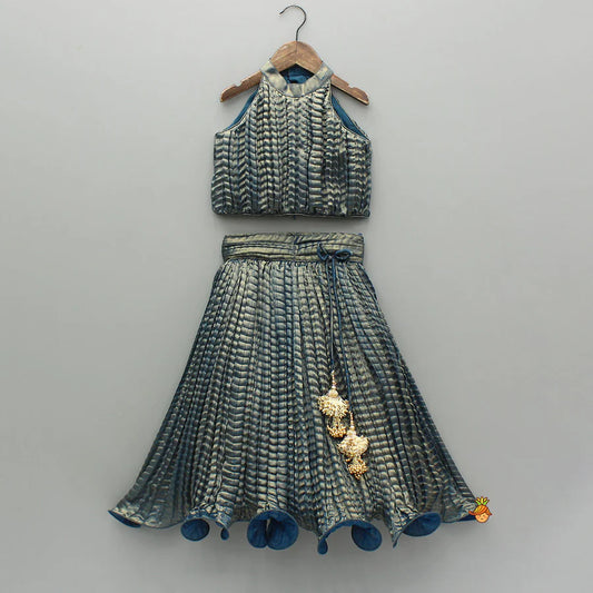 Twilight Spark: Blue Shimmery Halter Neck Top & Lehenga