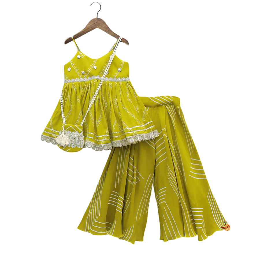 Twist of Tradition: Bandhani Peplum Kurti Set with Palazzo & Bag