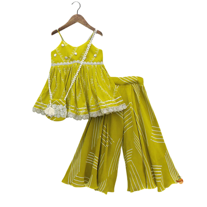 Twist of Tradition: Bandhani Peplum Kurti Set with Palazzo & Bag