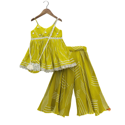 Twist of Tradition: Bandhani Peplum Kurti Set with Palazzo & Bag