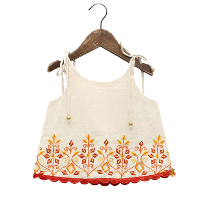 Twirl & Bloom: Tie-Up Strappy Embroidered Top with Tiered Lehenga