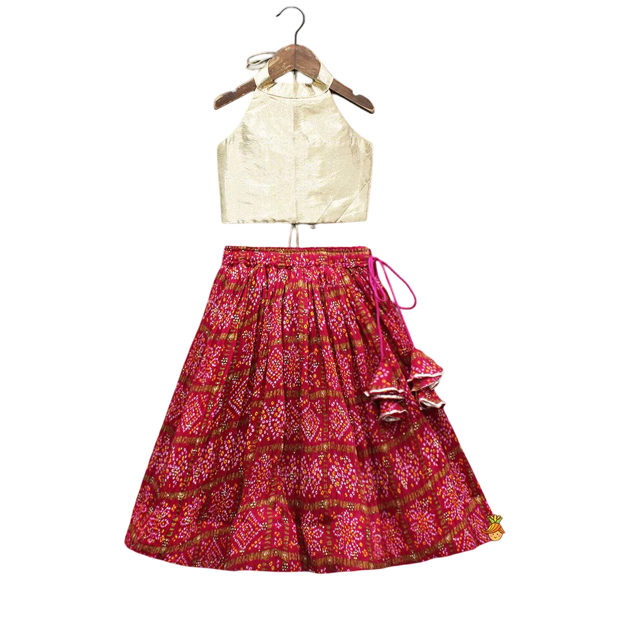 Festive Halter Neck Top with Pink Bandhani Lehenga