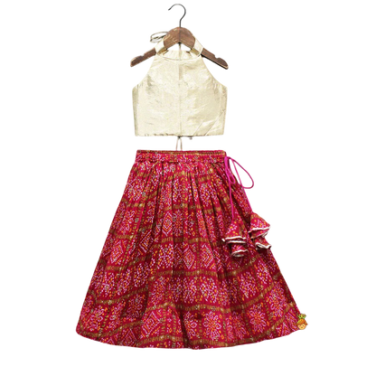 Festive Halter Neck Top with Pink Bandhani Lehenga