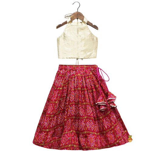Festive Halter Neck Top with Pink Bandhani Lehenga