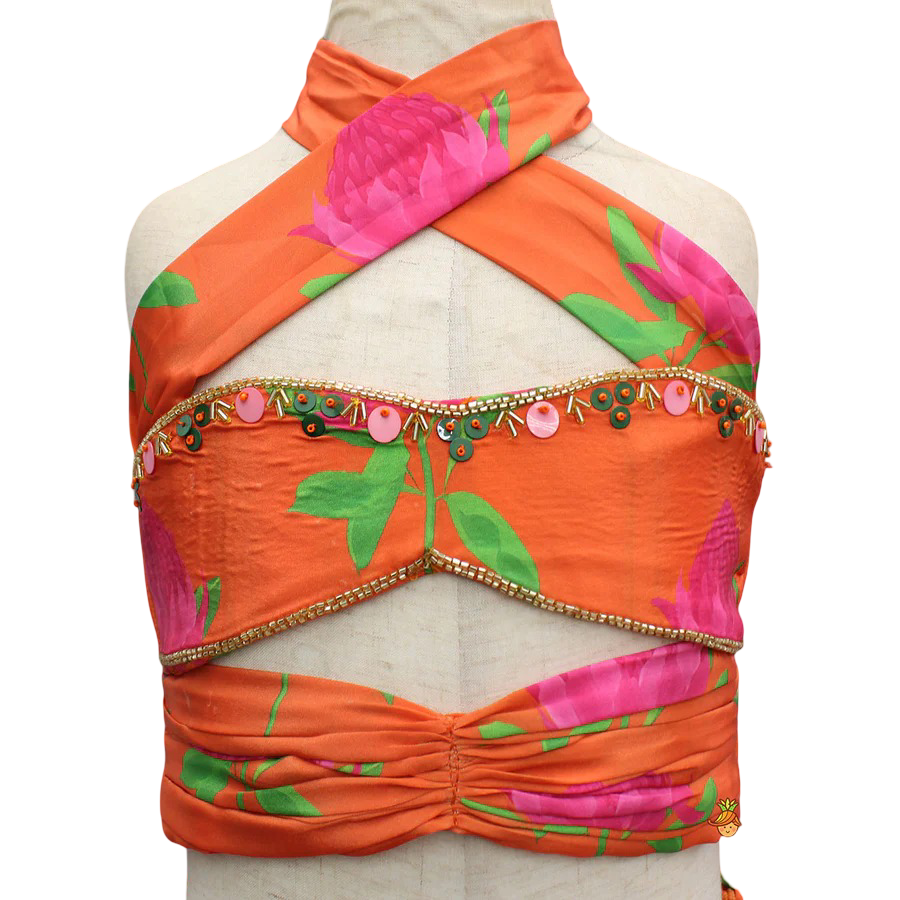 Floral Grace: Drape-Detail Printed Top & Lehenga
