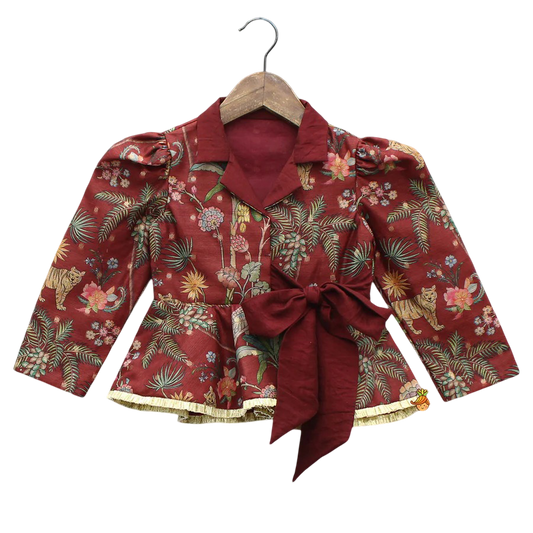 Autumn Charm: Maroon Printed Jacket-Style Peplum Top & Flared Palazzo