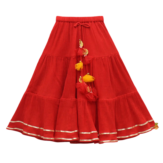 Twirl & Bloom: Tie-Up Strappy Embroidered Top with Tiered Lehenga