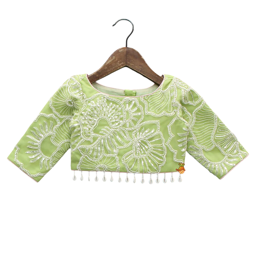 Blossom Charm Tulle Lehenga Set with Floral Embroidery & Elegant Net Cuffs