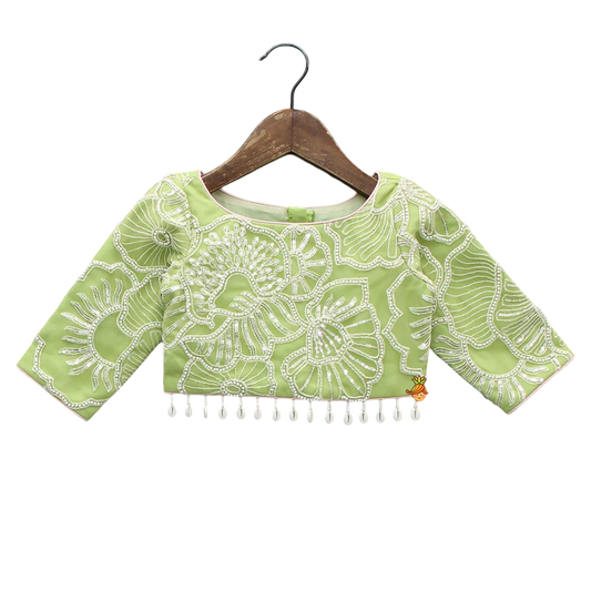 Blossom Charm Tulle Lehenga Set with Floral Embroidery & Elegant Net Cuffs