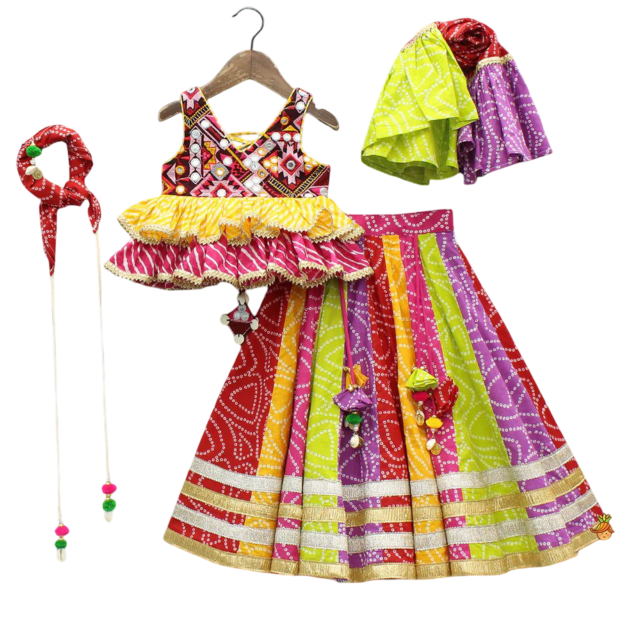 Colorful Tiered Top & Multicolor Bandhani Lehenga Set