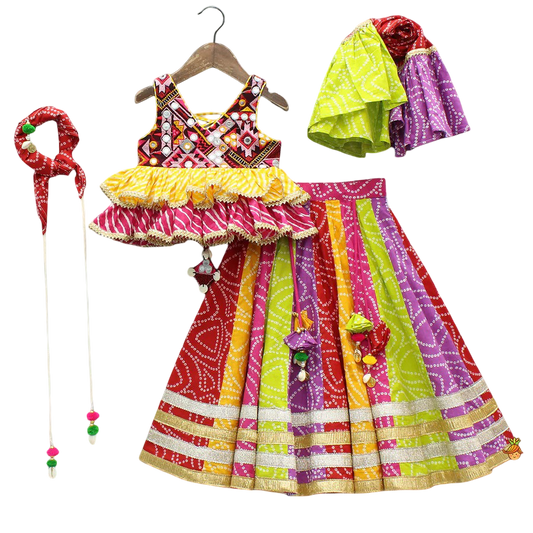Colorful Tiered Top & Multicolor Bandhani Lehenga Set