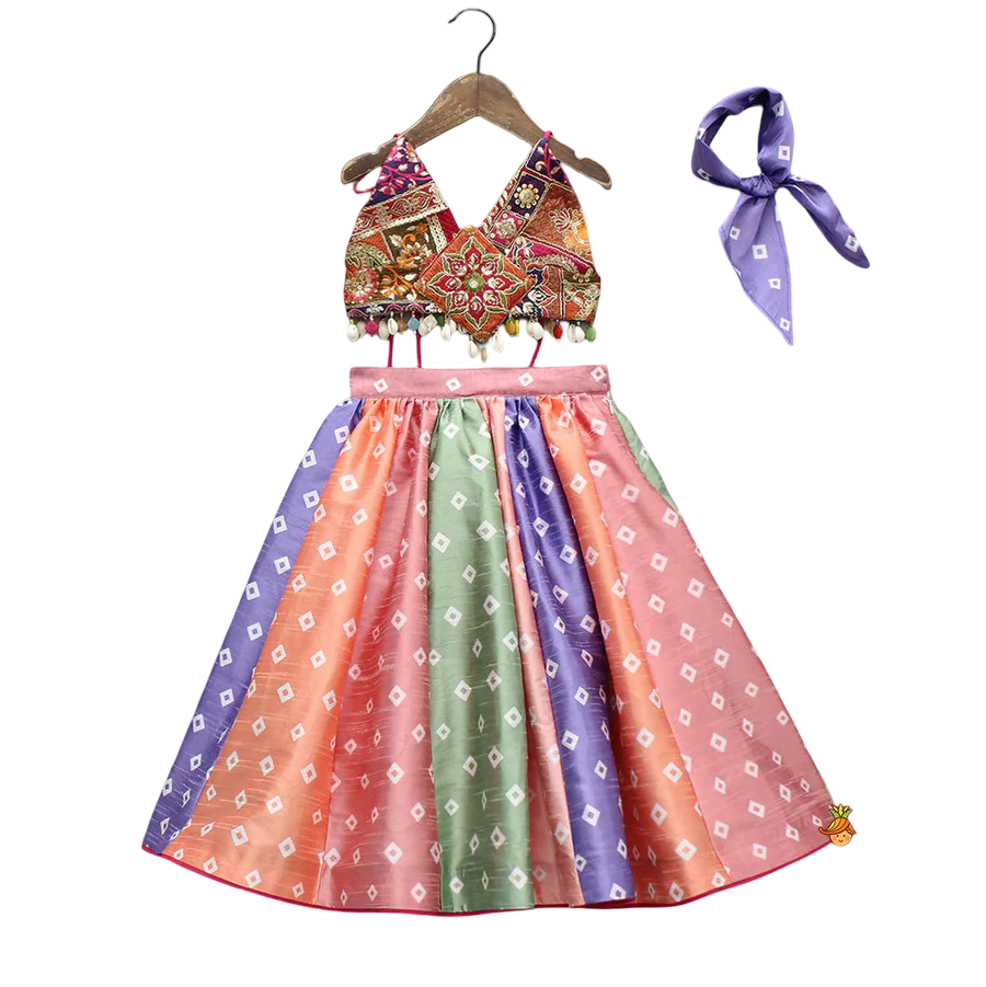 Floral Grace: Top with Bandhani Lehenga & Coordinating Bandana