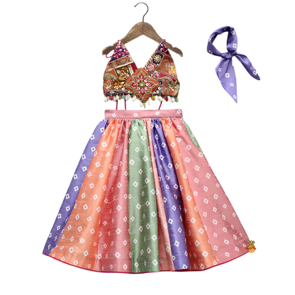 Floral Grace: Top with Bandhani Lehenga & Coordinating Bandana