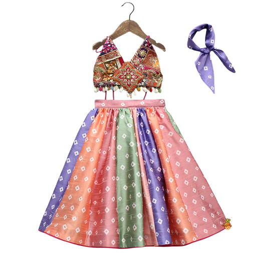 Floral Grace: Top with Bandhani Lehenga & Coordinating Bandana