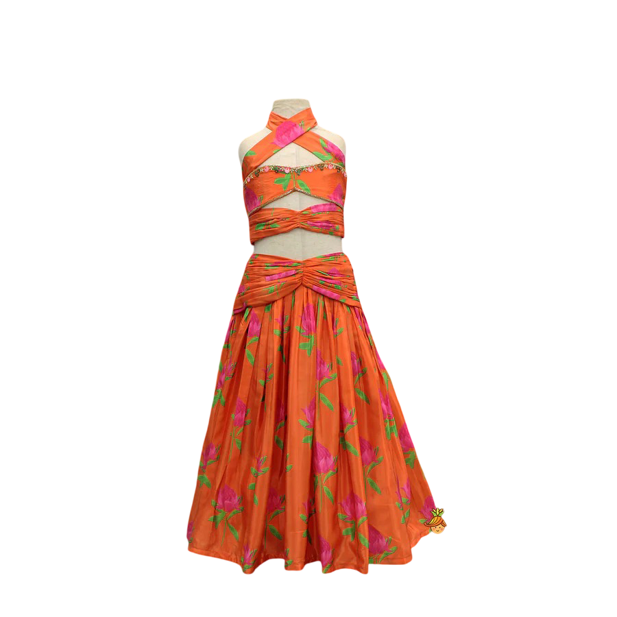 Floral Grace: Drape-Detail Printed Top & Lehenga