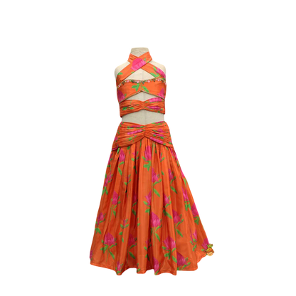 Floral Grace: Drape-Detail Printed Top & Lehenga