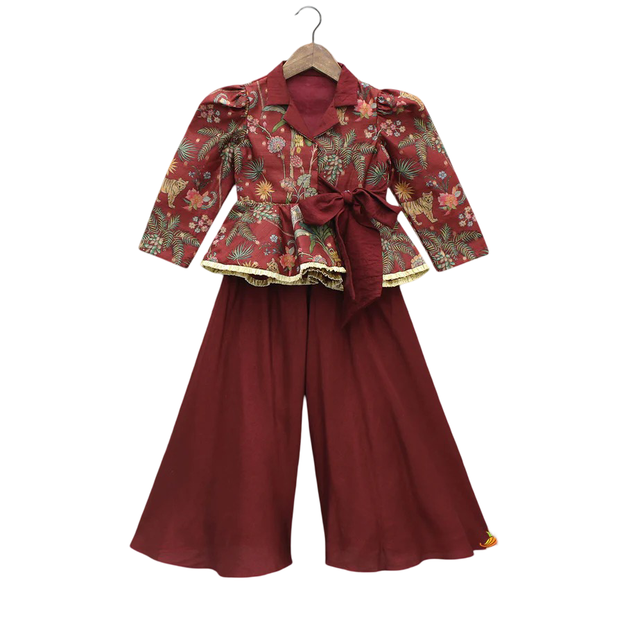Autumn Charm: Maroon Printed Jacket-Style Peplum Top & Flared Palazzo