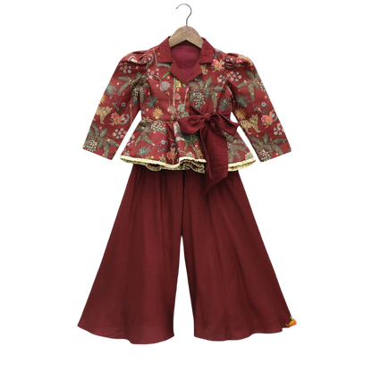 Autumn Charm: Maroon Printed Jacket-Style Peplum Top & Flared Palazzo