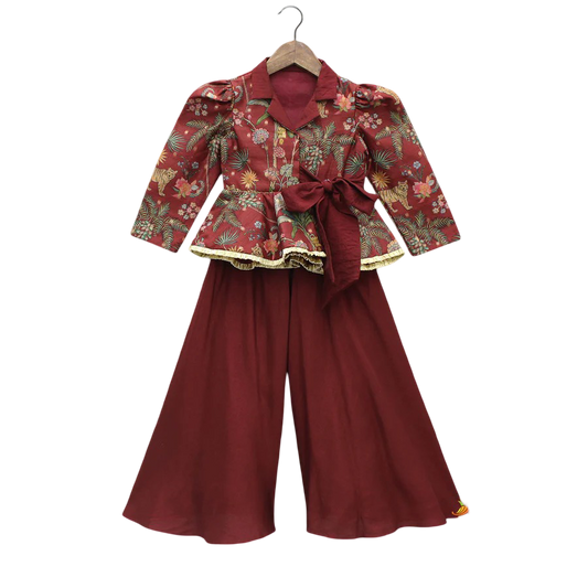 Autumn Charm: Maroon Printed Jacket-Style Peplum Top & Flared Palazzo