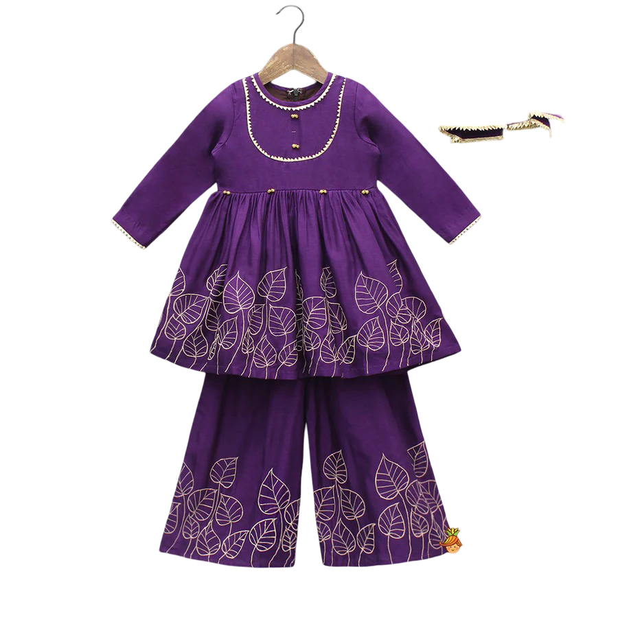 Leaf Elegance: Embroidered Kurti Set with Palazzo & Dupatta