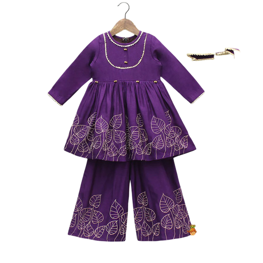 Leaf Elegance: Embroidered Kurti Set with Palazzo & Dupatta