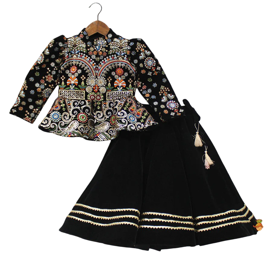 Midnight Elegance: Black Velvet Top & Gota Lace Lehenga