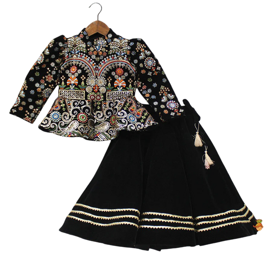 Midnight Elegance: Black Velvet Top & Gota Lace Lehenga