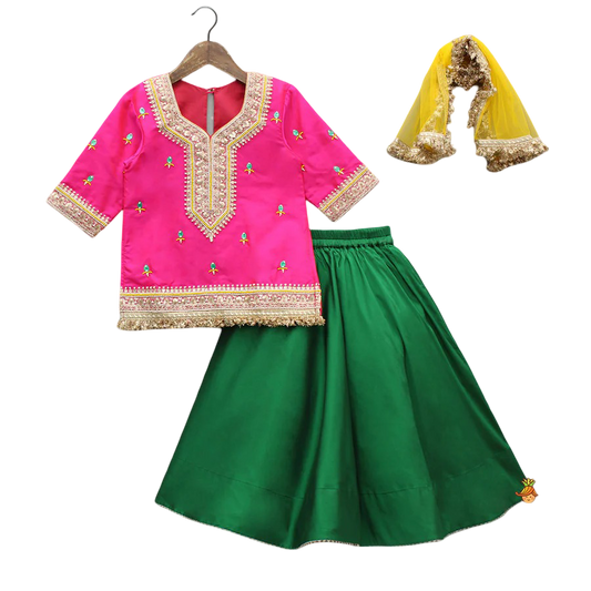 Orange Radiance: Beaded Lace Kurti with Lehenga & Dupatta