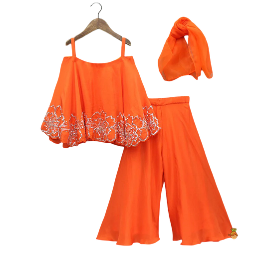 Sunset Charm: Orange Strappy Kurti with Palazzo & Dupatta