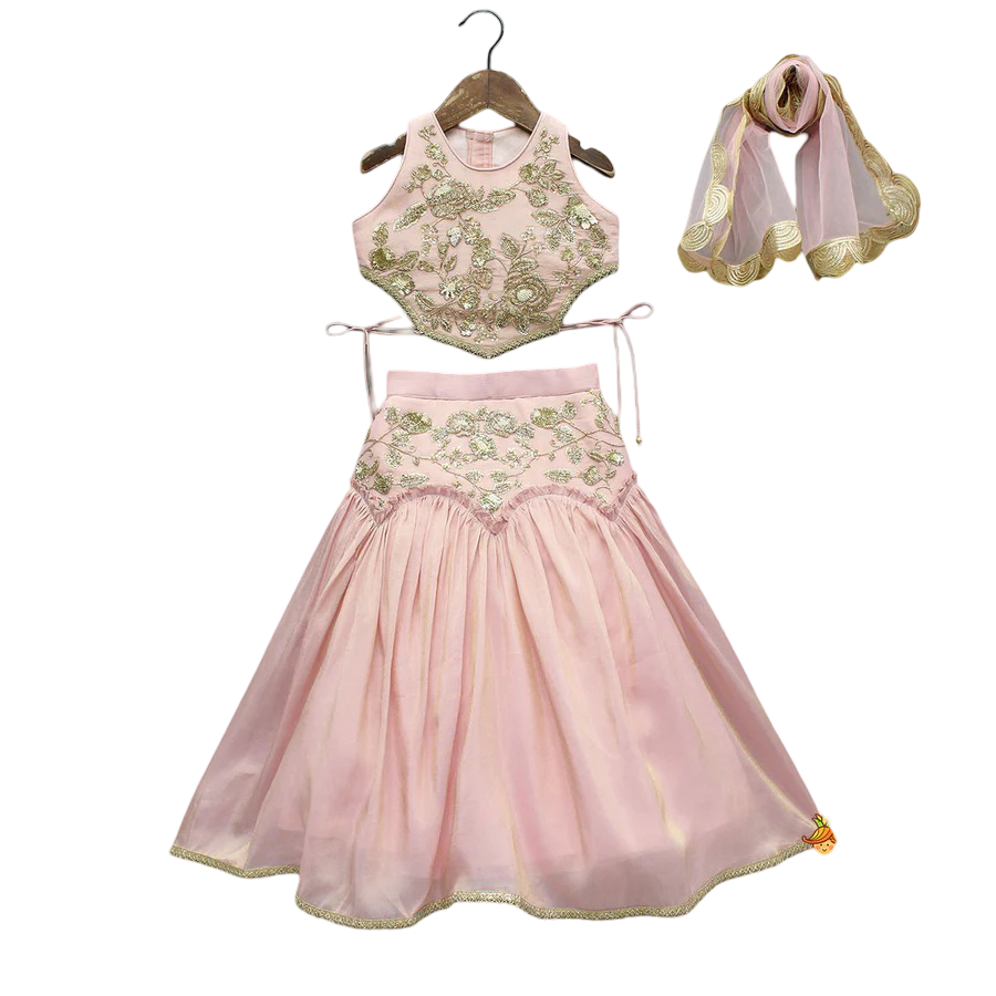 Blush Glam: Cut Dana Embroidered Pink Shimmer Top & Lehenga with Net Dupatta