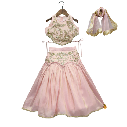 Blush Glam: Cut Dana Embroidered Pink Shimmer Top & Lehenga with Net Dupatta