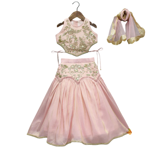 Blush Glam: Cut Dana Embroidered Pink Shimmer Top & Lehenga with Net Dupatta