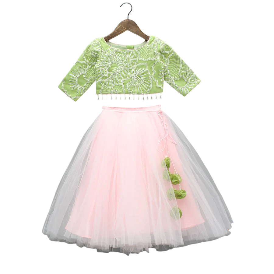 Blossom Charm Tulle Lehenga Set with Floral Embroidery & Elegant Net Cuffs