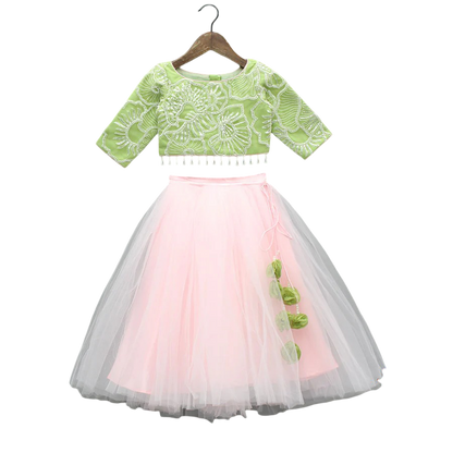 Blossom Charm Tulle Lehenga Set with Floral Embroidery & Elegant Net Cuffs