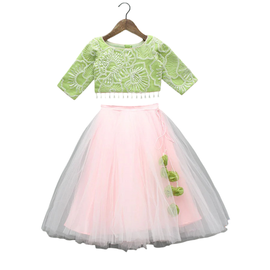 Blossom Charm Tulle Lehenga Set with Floral Embroidery & Elegant Net Cuffs