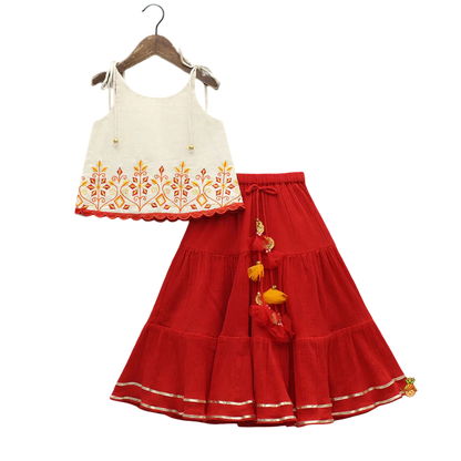 Twirl & Bloom: Tie-Up Strappy Embroidered Top with Tiered Lehenga